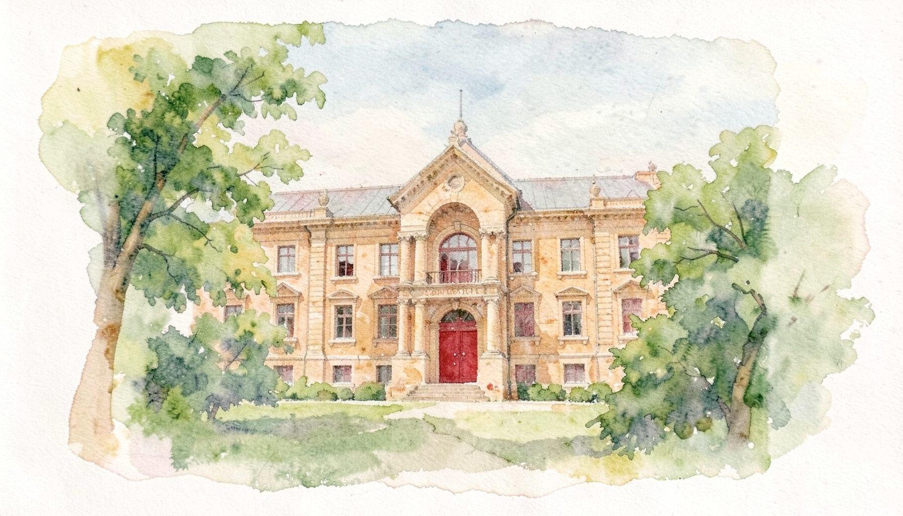 Soft watercolour of a historic university building in warm stone tones, framed by green foliage under a pale sky