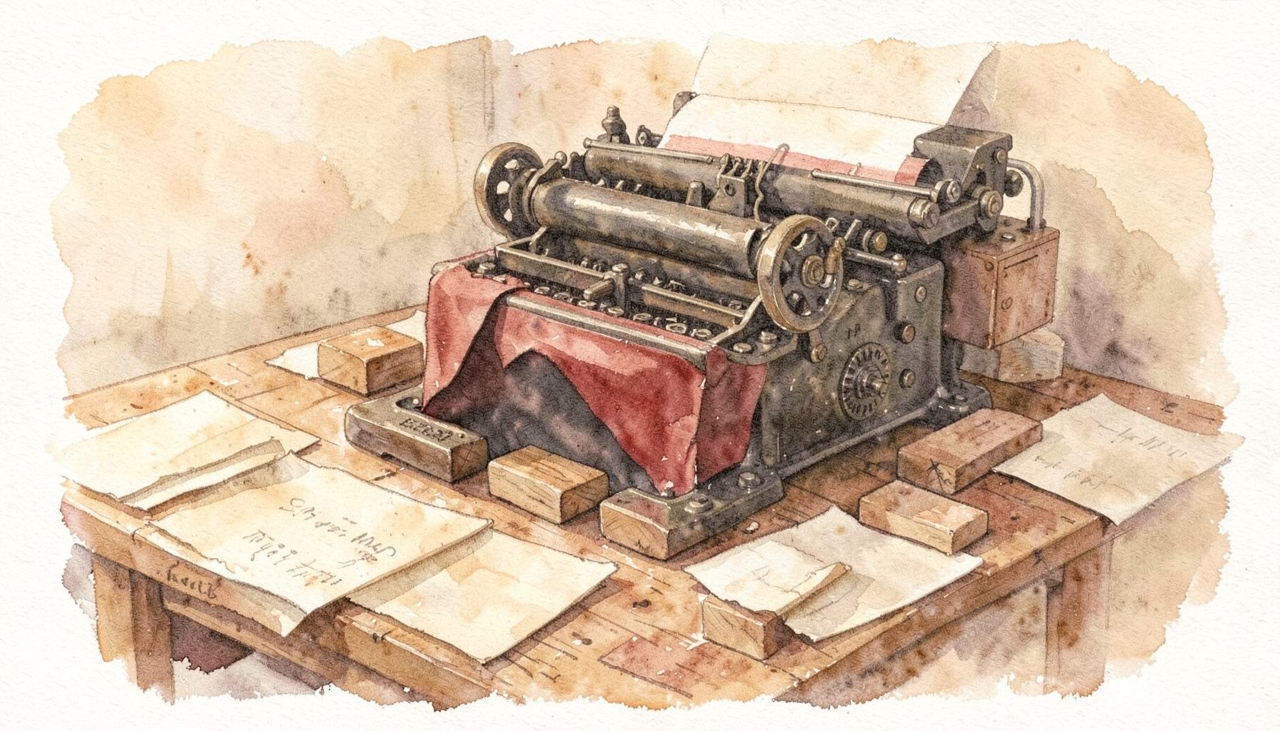 A watercolour painting of an antique printing press with wooden type blocks and sheets of paper scattered across a workbench, in warm browns, deep greens, and cream tones