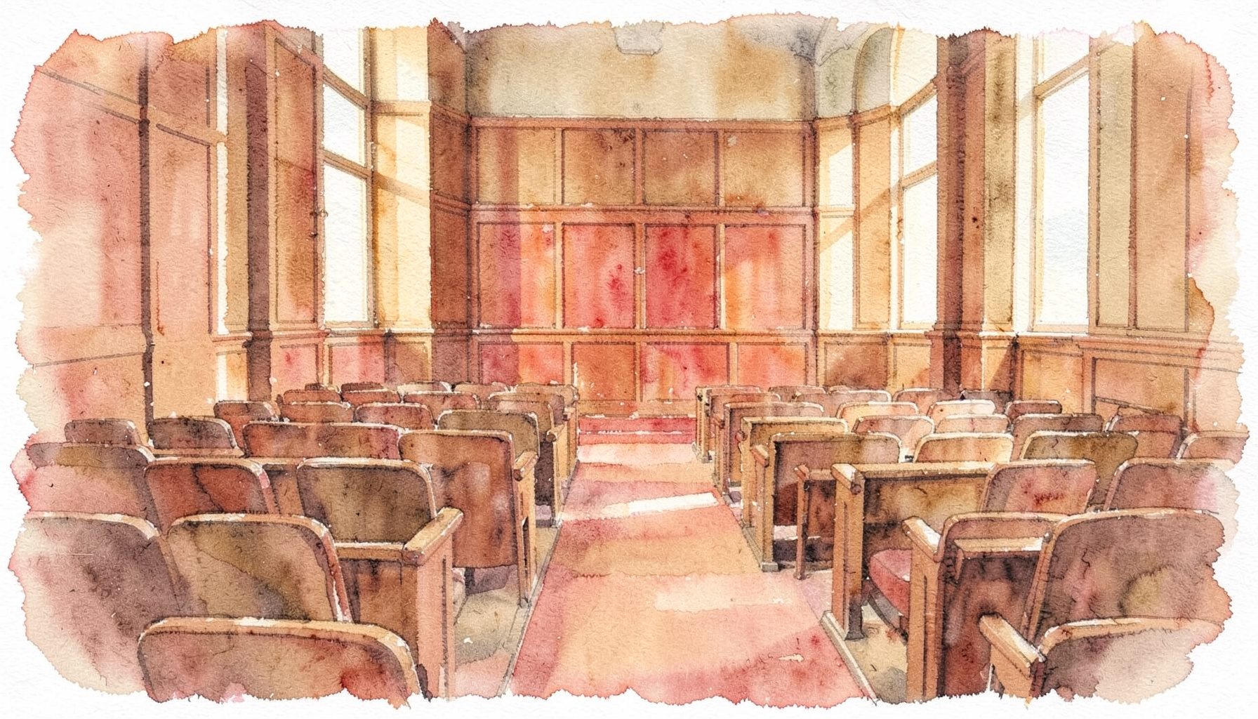 A soft watercolour painting of a university lecture hall interior with warm wood panelling, rows of empty seats, and gentle amber lighting