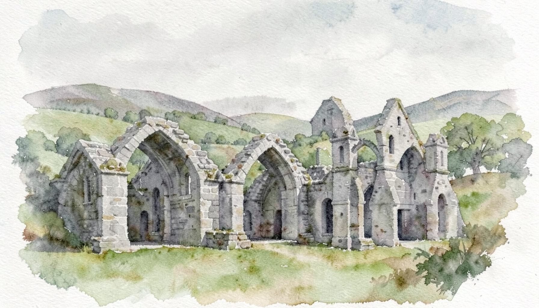 A soft watercolour painting of Tintern Abbey ruins in the Wye Valley, with grey stone arches, green hills beyond, and a pale sky