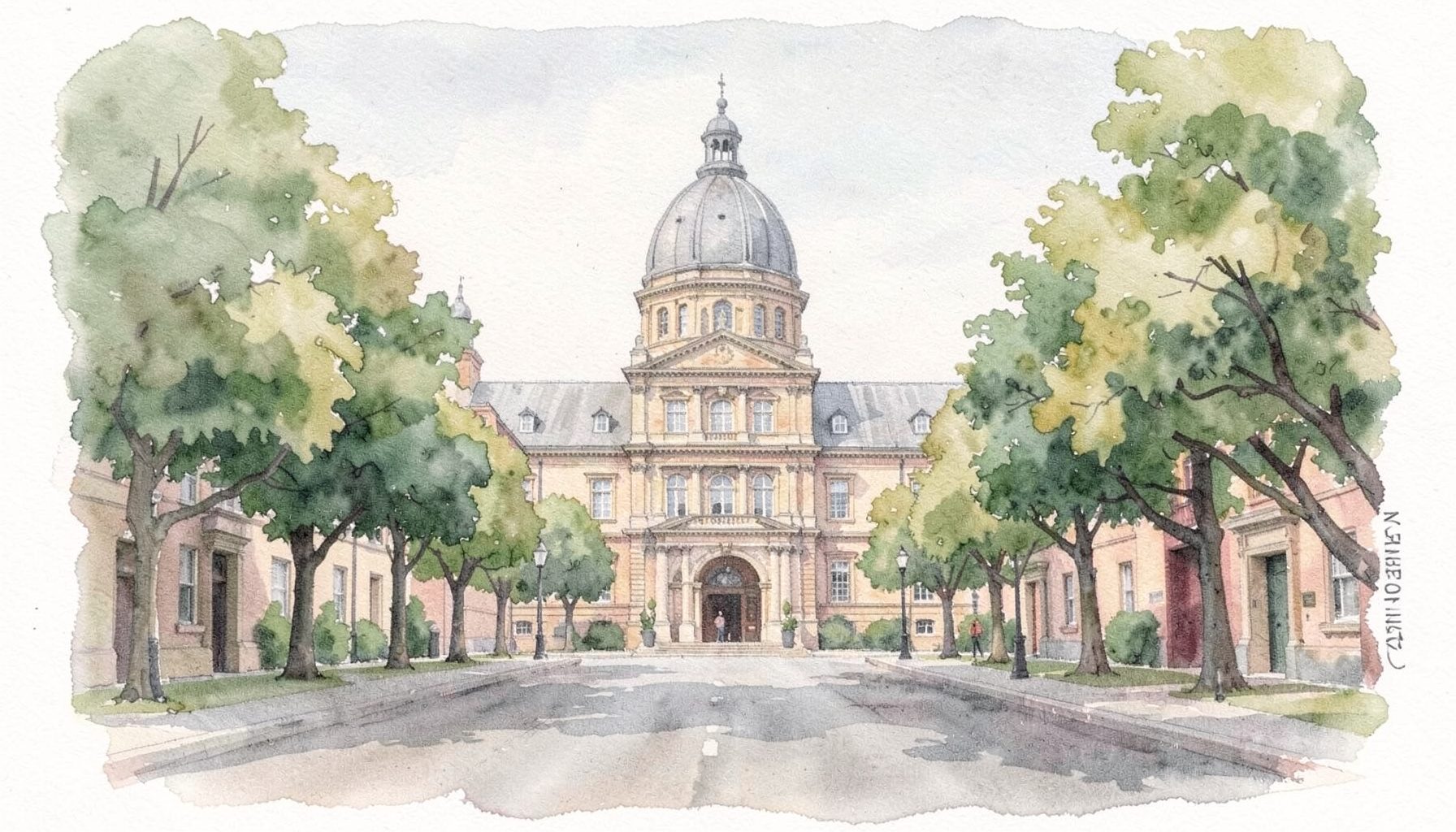 A soft watercolour painting of Cardiff's civic centre on a gentle grey morning, with the domed roof of a grand Portland-stone building rising above tree-lined avenues