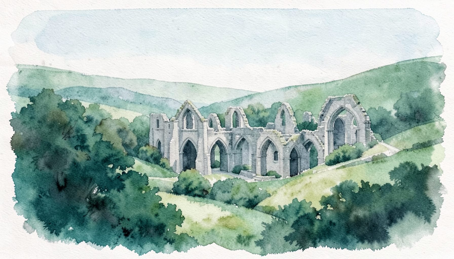 A soft watercolour landscape of Tintern Abbey ruins nestled in a green valley, with muted grey stone arches against a pale sky and gentle hills beyond