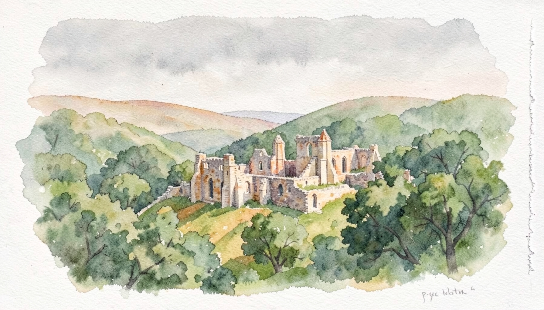 A soft watercolour painting of the Wye Valley with the ruins of Tintern Abbey nestled among green wooded hills, under a pale sky